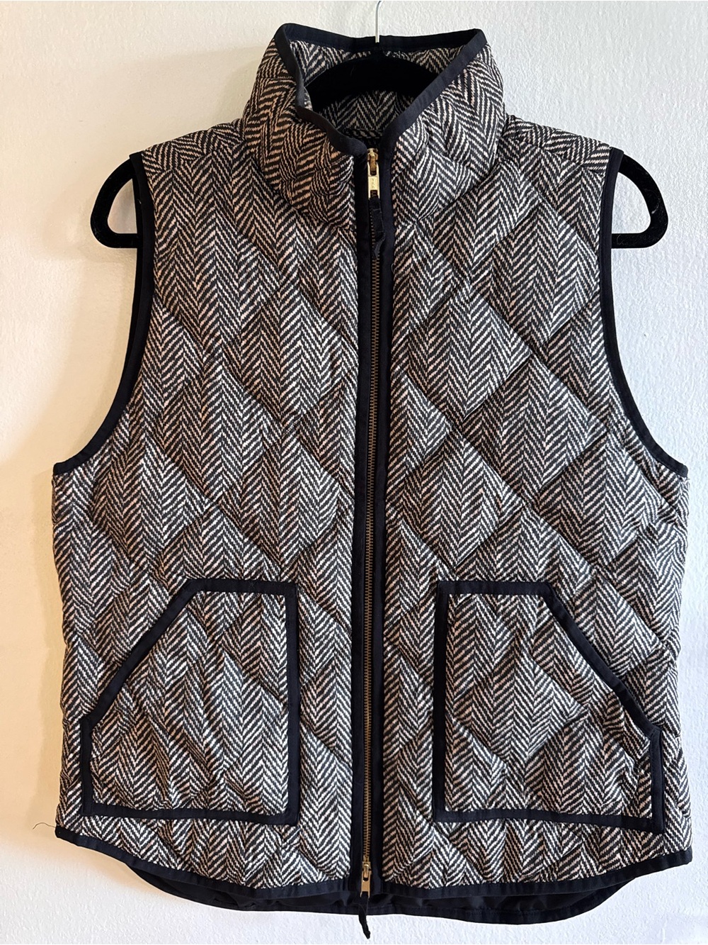 J Crew Factory Excursion Herringbone Puffer Vest Full Zip Pockets Quilted Black